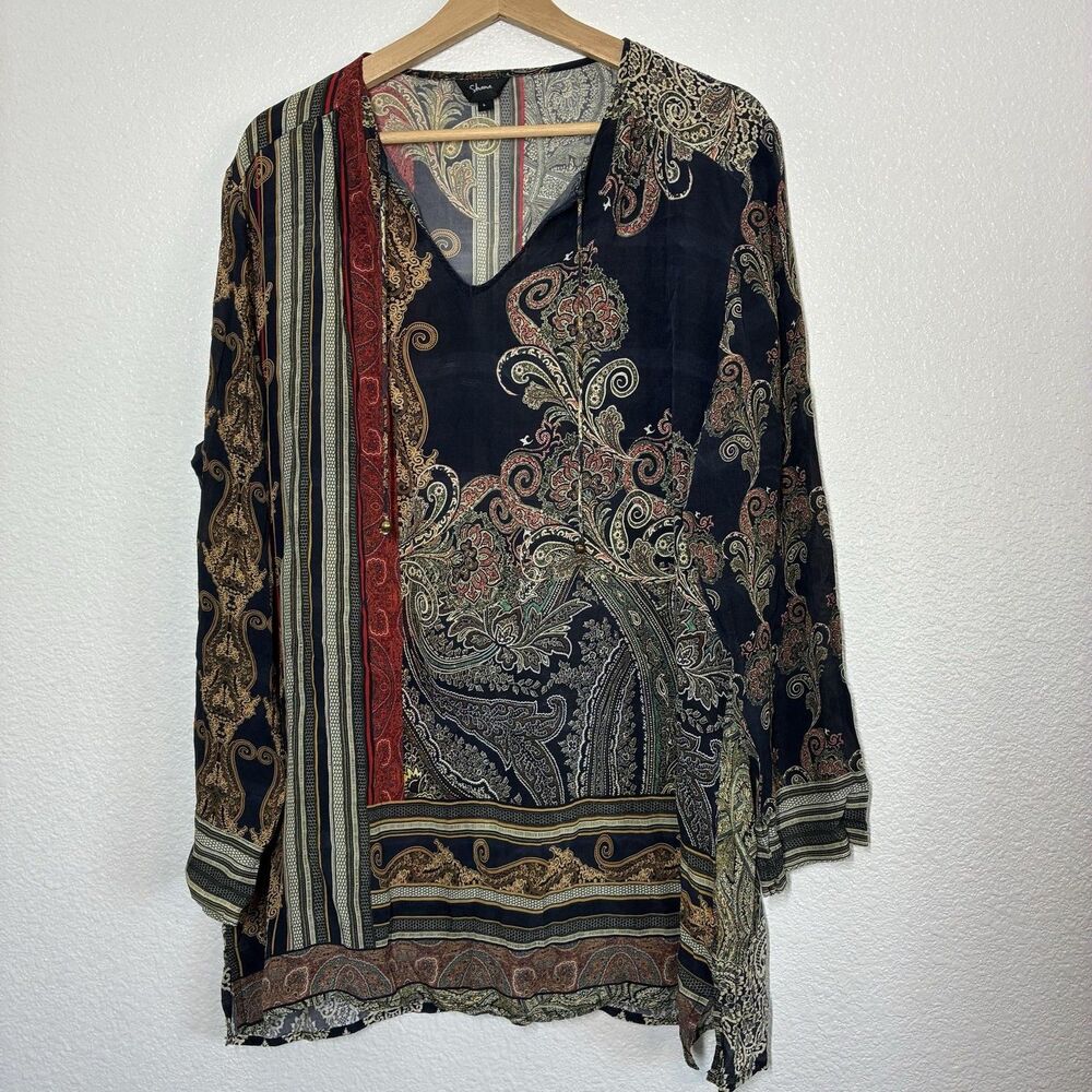 Shana Silk Blouse Womens Large Paisley Boho Tunic V Neck Sheer Lightweight